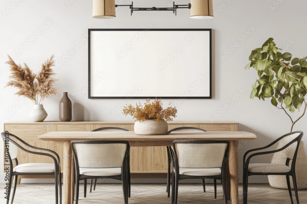 An empty black rectangular frame is positioned on a wall above a wooden dining table.