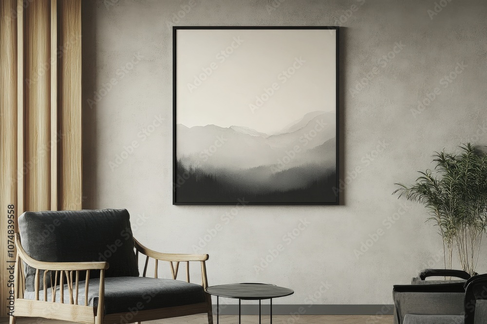 An empty black square frame is elegantly mounted on the wall, enhancing the interior of a contemporary living room. The subtle backdrop complements the cozy environment, creating a stylish atmosphere.