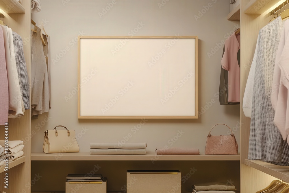 An empty oak frame hangs on a light-colored wall in a stylish wardrobe. The frame invites creative decoration ideas while surrounded by neatly arranged clothing and accessories on wooden shelves.