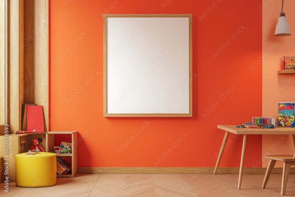 An empty oak frame hangs on a vibrant orange wall in a relaxed creative environment. Nearby, a wooden table holds colorful stationery, suggesting an inviting place for artistic projects.