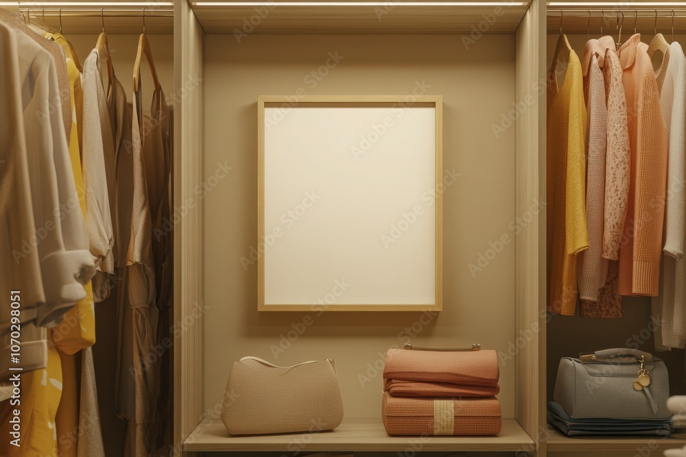 An empty oak frame is featured prominently on a shelf inside a modern closet. Surrounding it are neatly arranged clothing items and accessories, creating a clean and organized look.