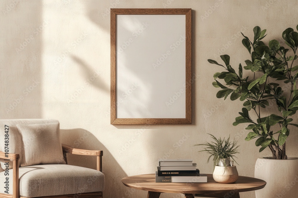 An empty oak frame is mounted on a light textured wall, adjacent to stylish furniture, including a soft chair and a round table topped with books and a decorative plant.