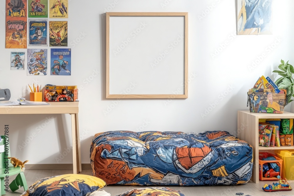 An empty oak frame is positioned on a white wall in a colorful childrens room featuring superhero-themed bedding and playful decorations, inviting creativity and personal touches.