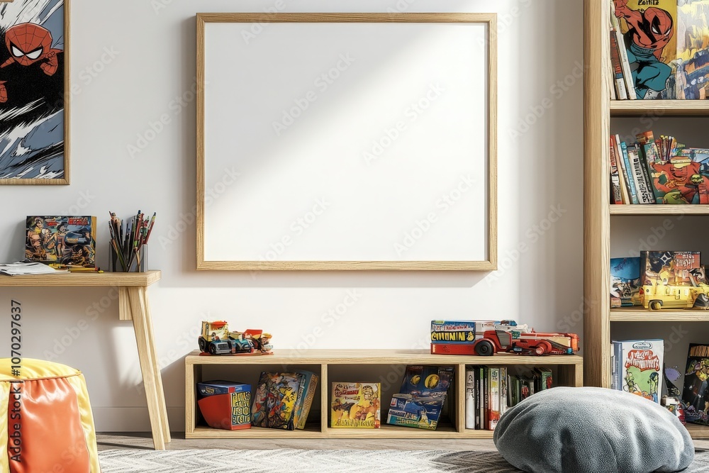 An empty oak frame is positioned on the wall, inviting creativity in a bright room filled with toys and books. Colorful decorations create a cheerful atmosphere for inspiration.