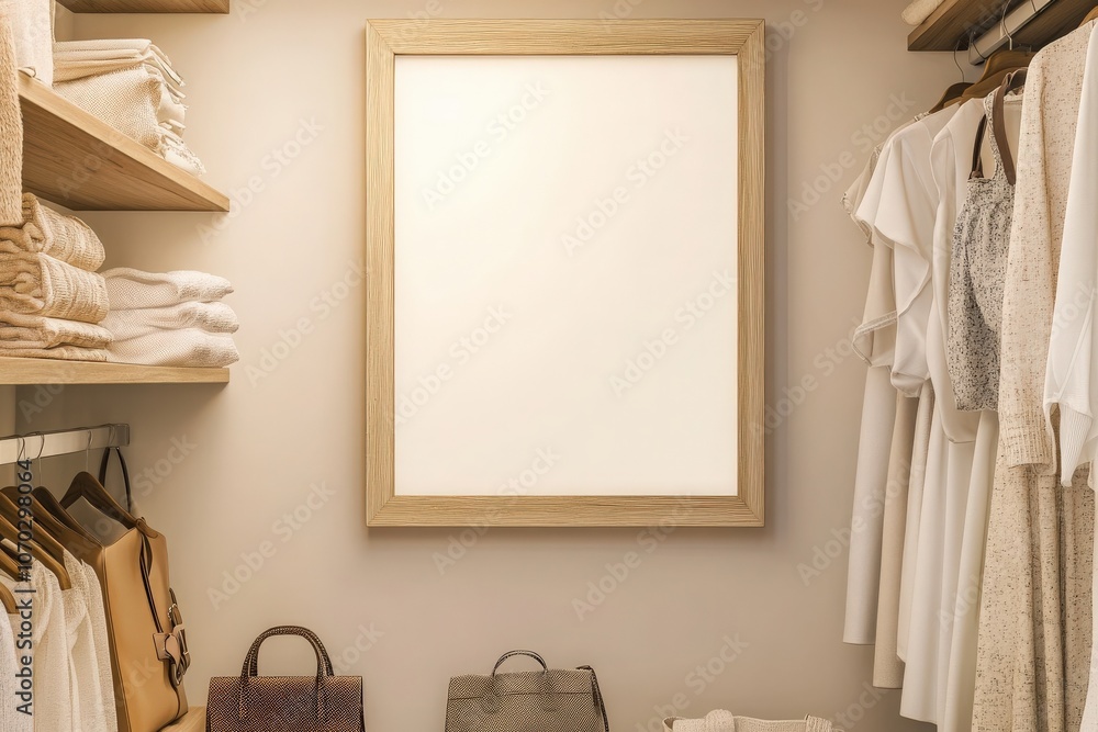 An empty oak frame is showcased on a clean closet wall, surrounded by neatly arranged clothing and accessories. The minimalist style highlights the simplicity and elegance of the space.