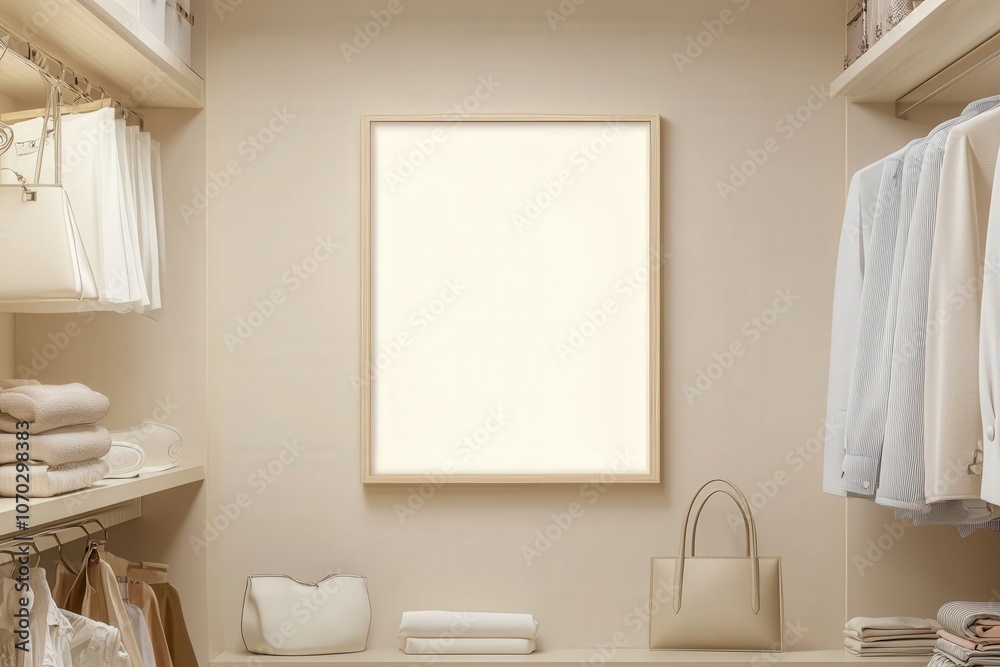 An empty oak frame is showcased on a smooth wall within a well-organized closet. Shelves are neatly arranged with bags, clothing, and folded linens, promoting a minimalist aesthetic.