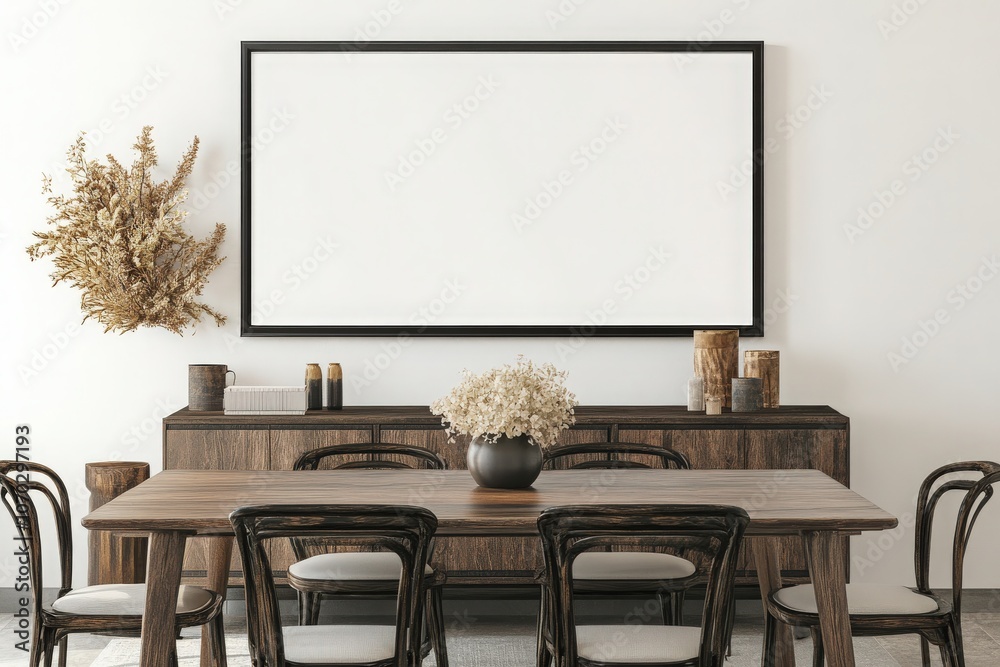An empty rectangular black frame hangs on a light wall above a wooden sideboard adorned with decorative items. A large dining table is set with chairs, creating a welcoming atmosphere.