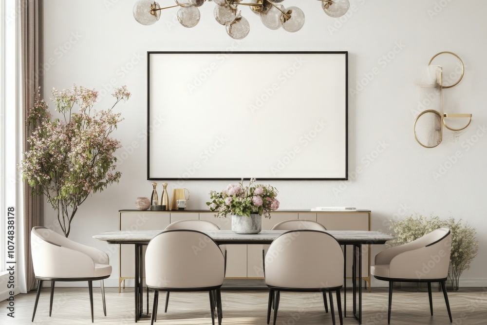 An empty rectangular black frame hangs on the wall above a sleek dining table surrounded by stylish chairs. The room features tasteful decor, including flower arrangements and modern lighting.