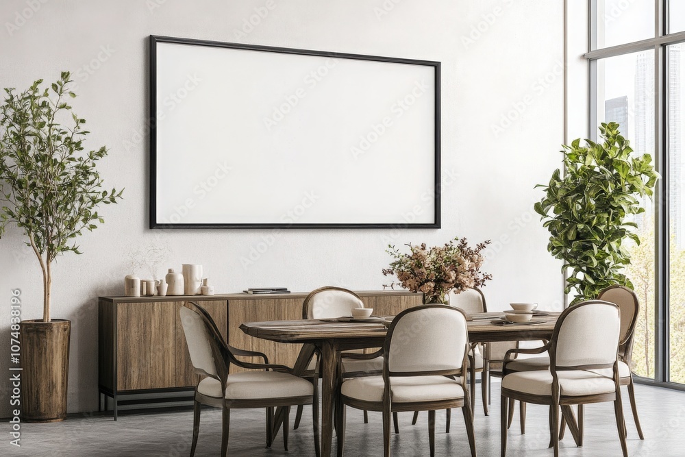 An empty rectangular black frame is mounted on a light wall within a contemporary dining room. The space features a wooden dining table surrounded by upholstered chairs, plants, and a console.