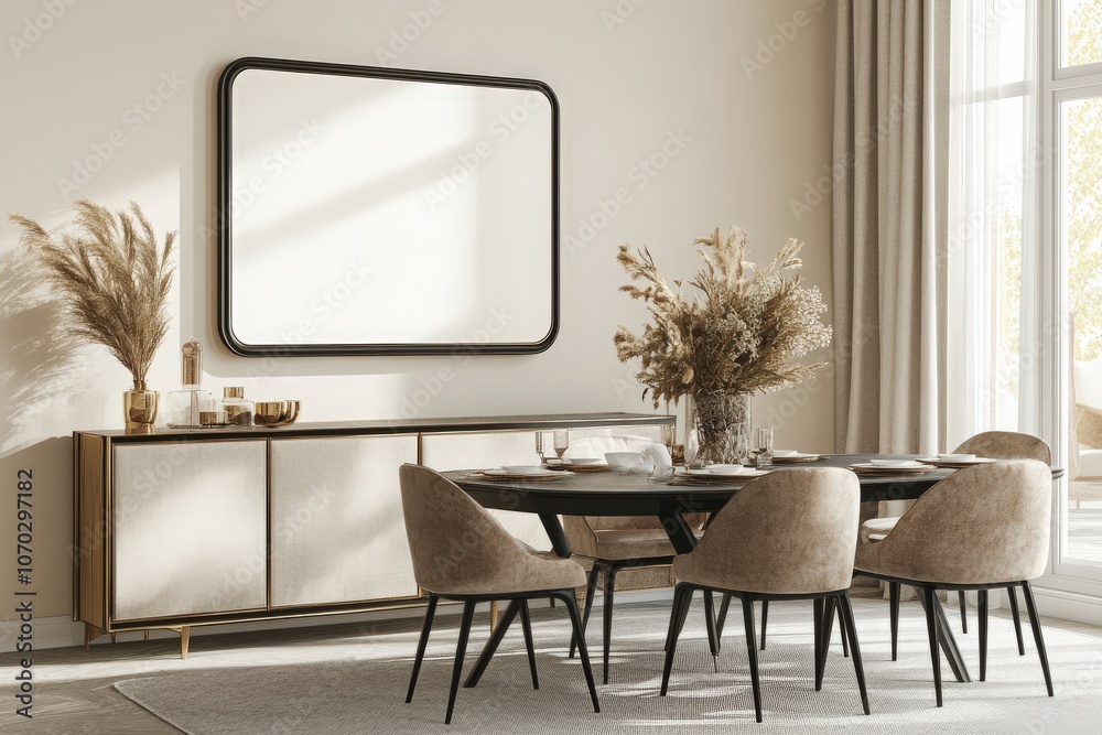 An empty rectangular black frame is positioned on a soft-toned wall above a contemporary dining table.