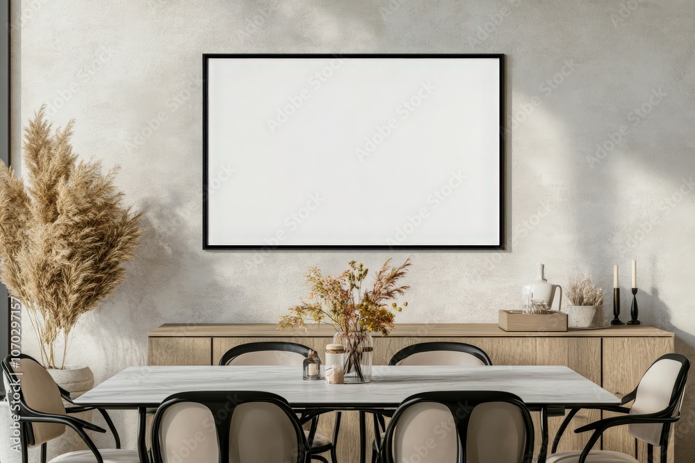 An empty rectangular black frame is positioned on a wall above a sleek dining table. Surrounding elements include decorative plants and candles, enhancing the modern aesthetic of the room.