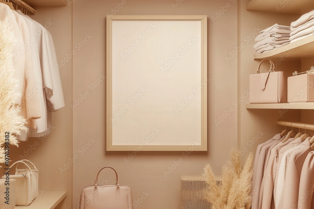 An empty rectangular oak frame hangs on a light-colored wall in a contemporary closet. The space features organized clothing shelves and minimalist decor, exuding a serene atmosphere.