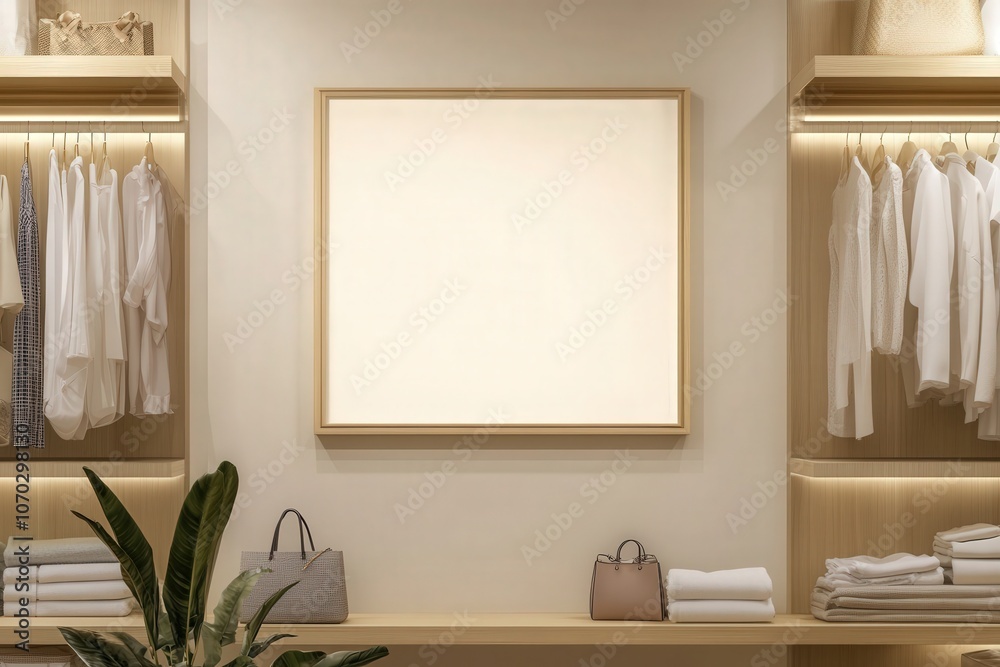 An empty rectangular oak frame hangs on a smooth wall, providing a stylish display option. The background features neatly arranged clothing and accessories, enhancing the elegant atmosphere.