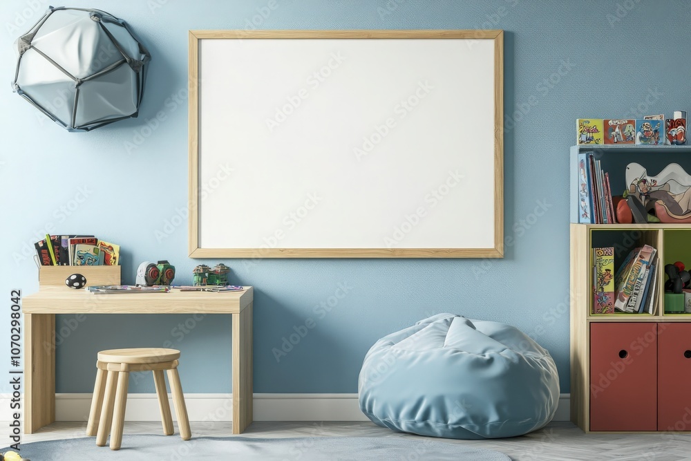 An empty rectangular oak frame hangs on a vibrant blue wall, surrounded by cozy furniture including a desk, stool, and colorful storage units, creating a playful and inviting atmosphere.