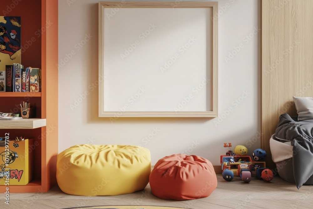 An empty rectangular oak frame hangs on a wall in a cozy room, surrounded by colorful bean bags and playful decorations. A cheerful space designed for relaxation and creativity.