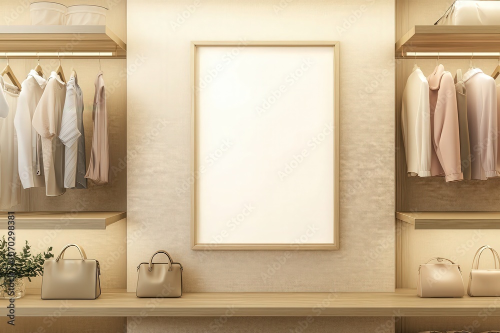 An empty rectangular oak frame hangs on a wall, surrounded by neatly arranged clothing and accessories, creating a chic and inviting atmosphere in a contemporary space.