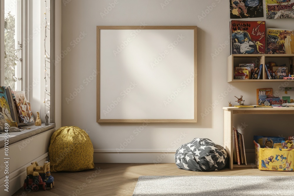 An empty rectangular oak frame is mounted on a light-colored wall in a childrens reading corner. The room features soft toys, colorful books, and bean bags, creating a playful atmosphere.