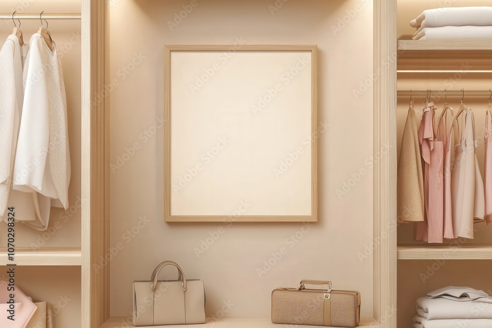 An empty rectangular oak frame is mounted on a simple wall, surrounded by neatly arranged clothing and accessories in a stylish closet. The neutral tones create a soothing atmosphere.