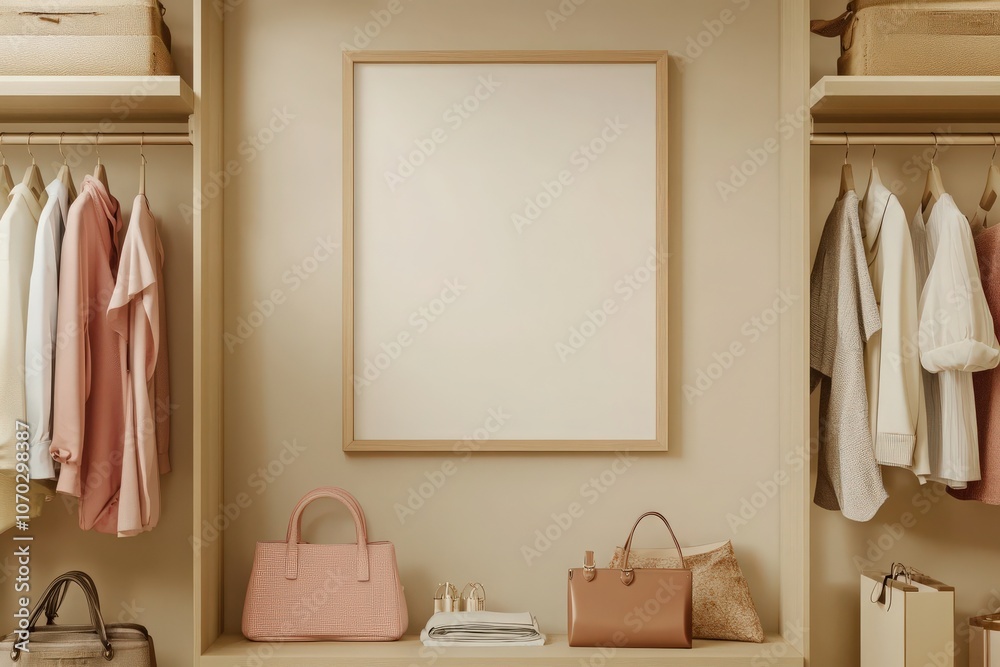 An empty rectangular oak frame is mounted on a smooth wall in a stylish closet. Surrounding it are neatly arranged garments and elegant handbags, creating a chic atmosphere.