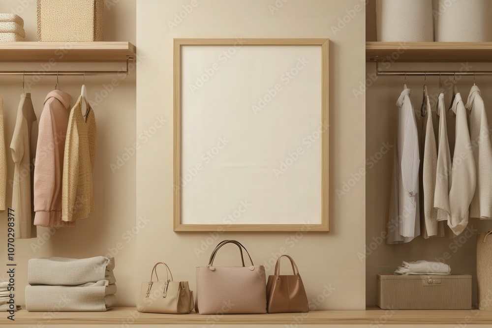 An empty rectangular oak frame is prominently placed on a smooth wall, surrounded by neatly arranged clothing and accessories in a modern wardrobe.