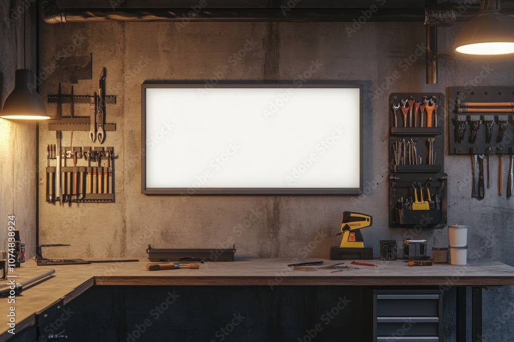 An empty rectangular white frame is mounted on a textured wall in a workshop, surrounded by neatly arranged tools and equipment, creating a functional and creative workspace.