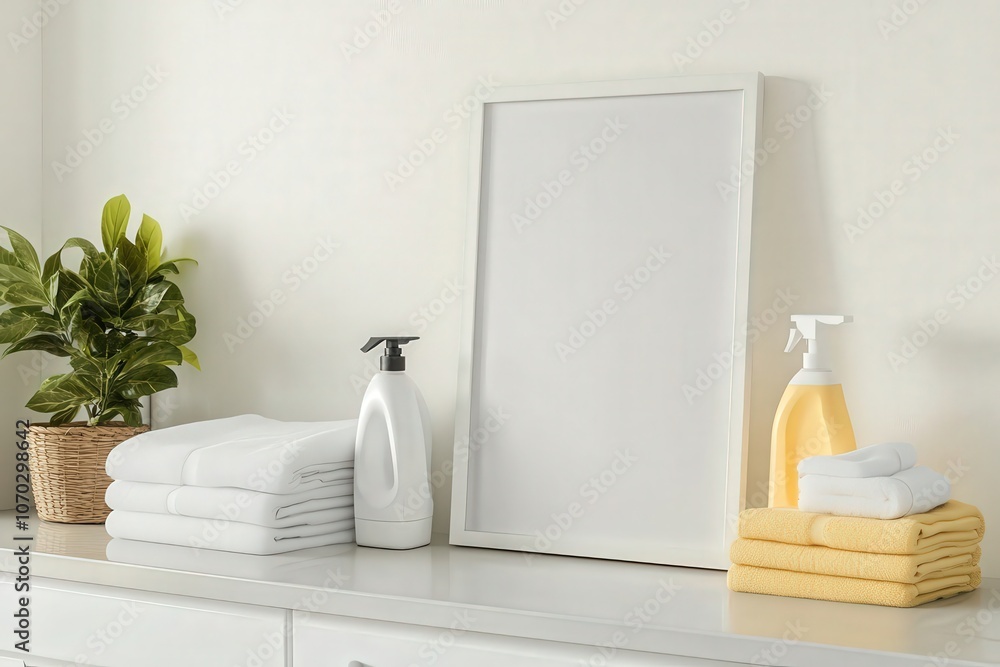 An empty rectangular white frame is placed against a wall on a tidy countertop. Next to it are neatly stacked towels and cleaning supplies, creating a fresh and organized look.