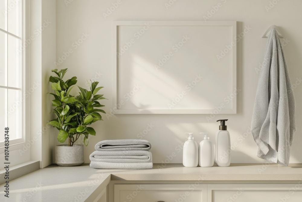 An empty rectangular white frame sits on a wall above neatly stacked towels and a plant. The bright space features a soft color palette, accentuated by natural light from a nearby window.