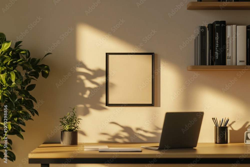 An empty square black frame is mounted on a bright wall of a modern home office. Natural sunlight casts soft shadows, enhancing the cozy atmosphere.