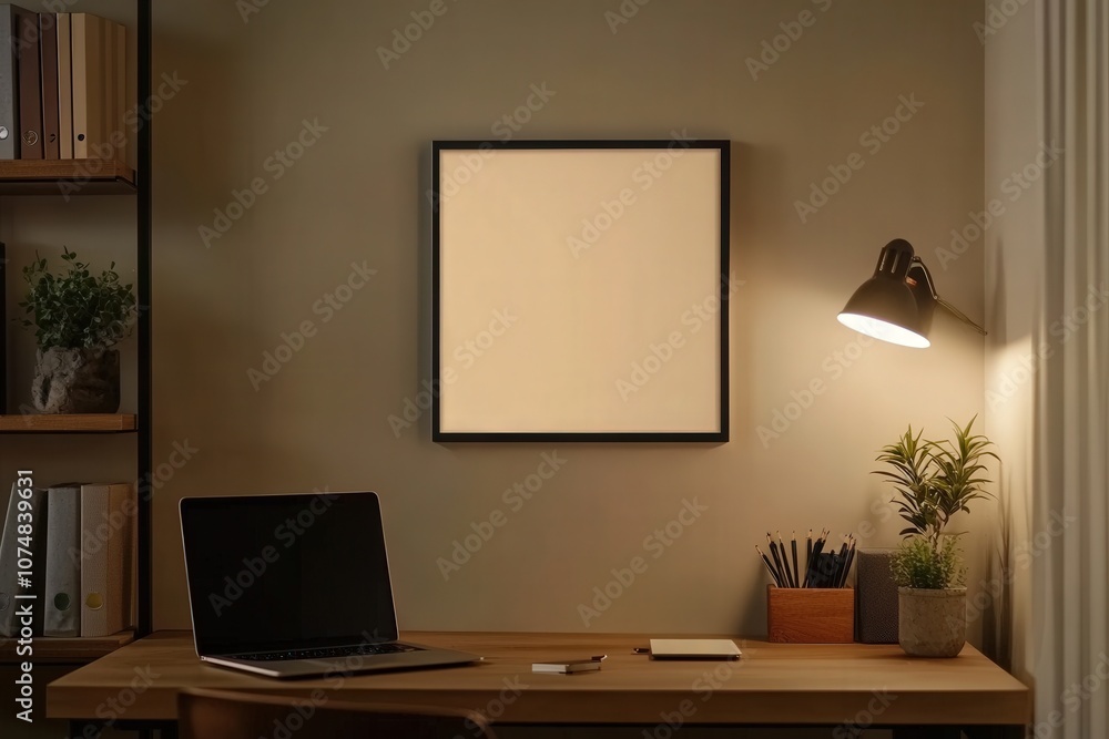 An empty square black frame is mounted on a softly lit wall in a stylish workspace. A warm desk lamp illuminates the area, enhancing the inviting atmosphere of this creative setting.