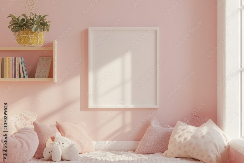 An empty square white frame is positioned on a pastel pink wall, bathed in natural light from a window. The cozy room features plush pillows and a shelf with books, creating a serene environment.