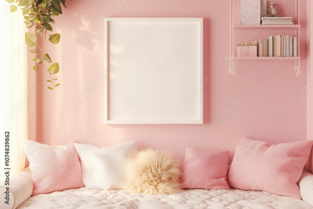 An empty square white frame is positioned on a pink wall, creating a minimalist focal point above a comfortable seating area adorned with soft, decorative pillows and a serene atmosphere.
