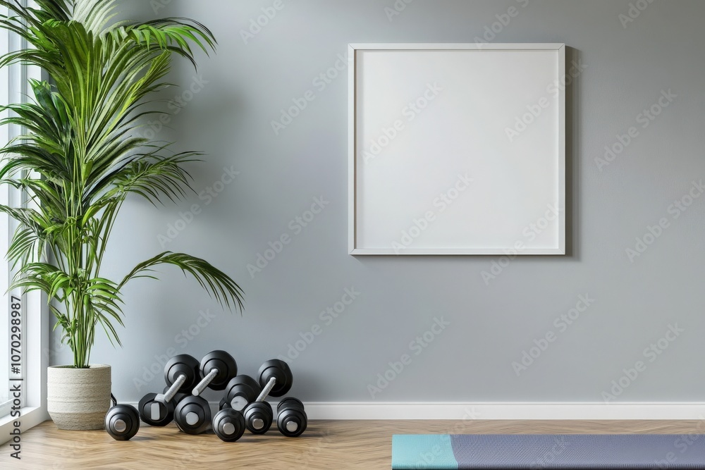 An empty square white frame is positioned on a wall within a stylish home gym. The space features green plants, dumbbells on the floor, and a soft exercise mat, creating a cozy workout environment.