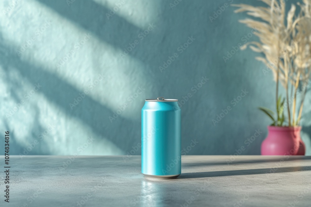 An energy drink can stands prominently on a table, illuminated by soft natural light. The vibrant color contrasts with the textured wall and floral arrangement in the background.