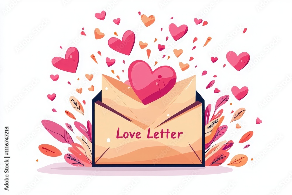 An envelope bursts open with a large heart and smaller hearts floating around it. Vibrant leaves surround the envelope, creating a joyful, romantic atmosphere for expressing love.