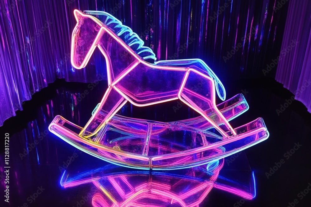 An eye-catching neon rocking horse stands against a vibrant backdrop of purple lights in an indoor venue. The glowing horse casts reflections on the shiny floor, creating a whimsical atmosphere.