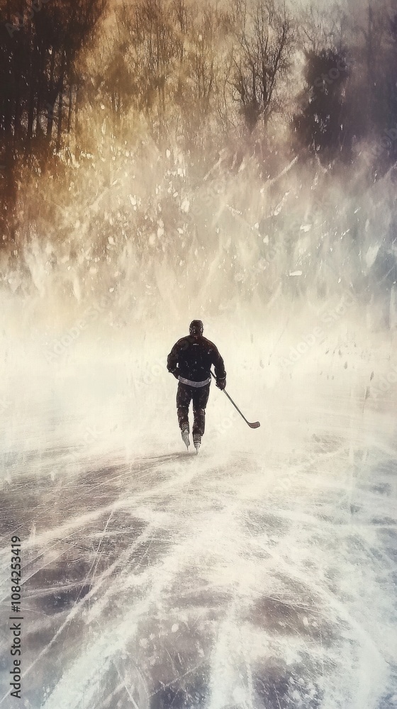 An ice hockey player glides across the outdoor rink, concentrating intensely as the sun sets behind the trees. The cool air and swirling snow create a dramatic atmosphere, enhancing the moment.