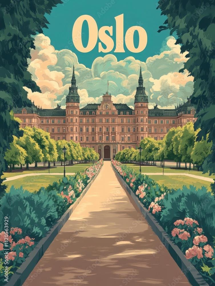 An impressive view of Oslos grand building, set against a vibrant sky filled with clouds. Neatly arranged gardens line the pathway, showcasing blooming flowers and greenery.