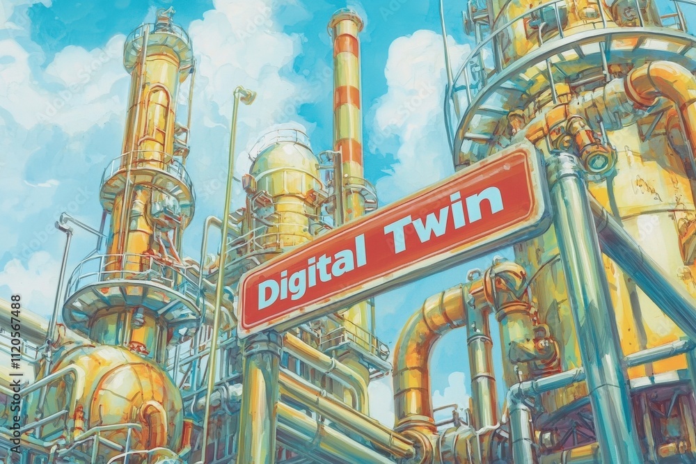 An industrial facility features tall, shiny pipes and towers, showcasing advanced digital twin technology. The sky is clear and blue, emphasizing the modern engineering involved.