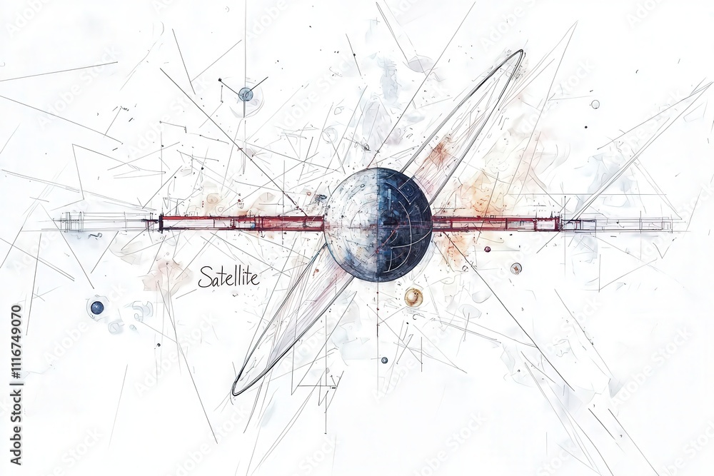An intricate design showcases a satellite in orbit around a celestial body, surrounded by abstract cosmic elements. The artwork combines geometric shapes with vibrant colors to depict space.