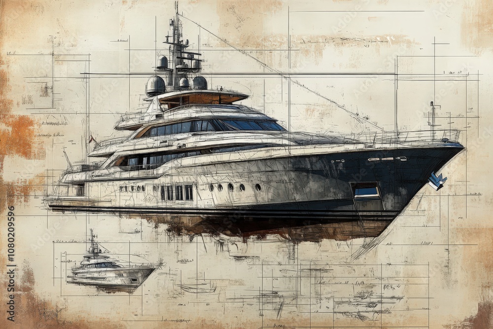 An intricate technical sketch detailing the design of a luxury yacht, highlighting unique structural elements and measurements. The drawing showcases a side view in rich detail.