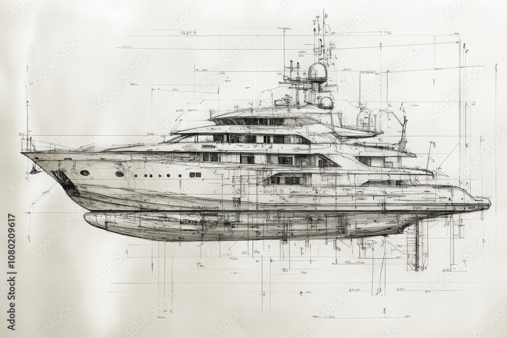 An intricate technical sketch displays a luxurious yacht design with various angles, dimensions, and details, showcasing the complexity and artistry involved in yacht construction and engineering.