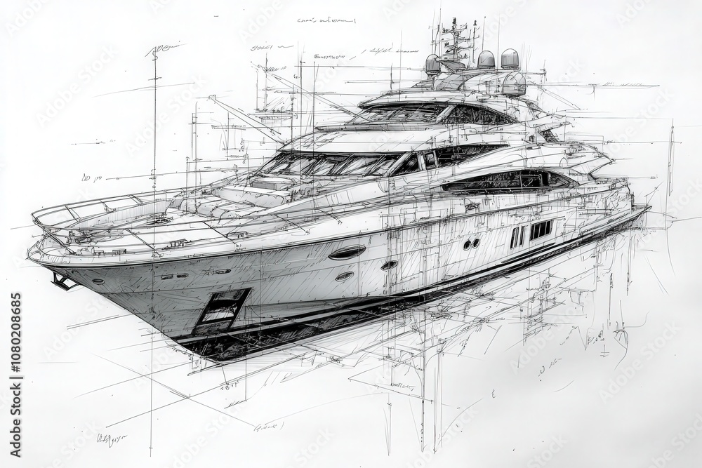An intricate technical sketch showcases a yacht design, highlighting advanced features and structural details. The drawing emphasizes precision, showcasing the hull and deck design intricacies.