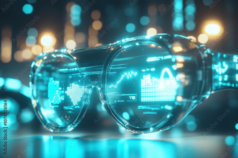 An isolated augmented reality headset showcases advanced technology with a vibrant interface. The device is ideal for interactive applications and immersive environments in various fields.