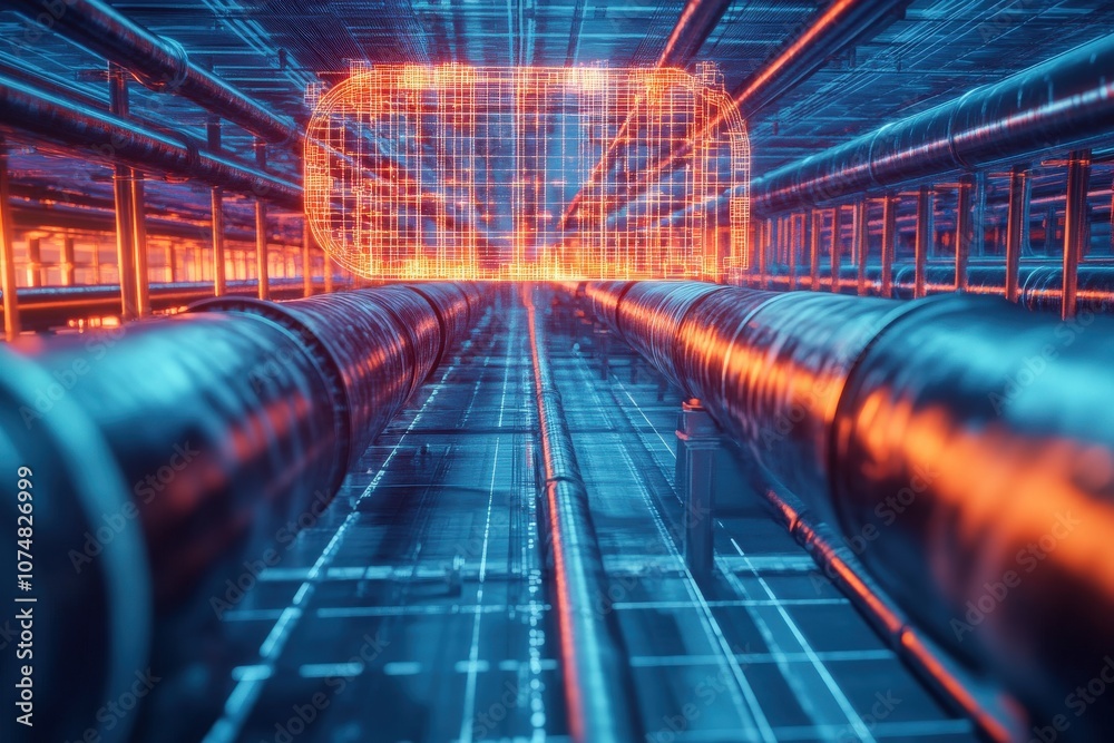 An isolated diagnostic tool rests among a network of pipes, showcasing its role in inspecting and analyzing complex systems. The environment highlights industrial functionality and modern technology.