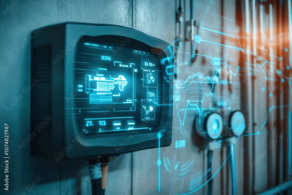 An isolated smart utility meter is mounted on a wall, showcasing digital readouts of energy and water usage data, providing insights into consumption patterns and efficiency in real-time.