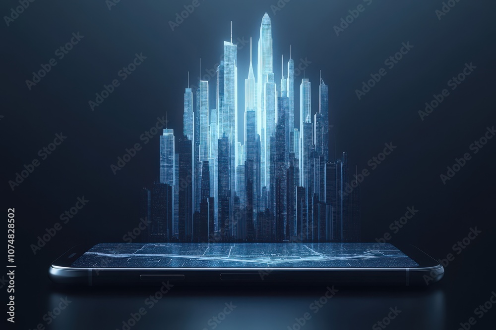 An isolated smartphone rests on a sleek black background, showcasing a holographic projection of a modern city skyline. The illuminated skyscrapers create a vibrant, high-tech atmosphere.