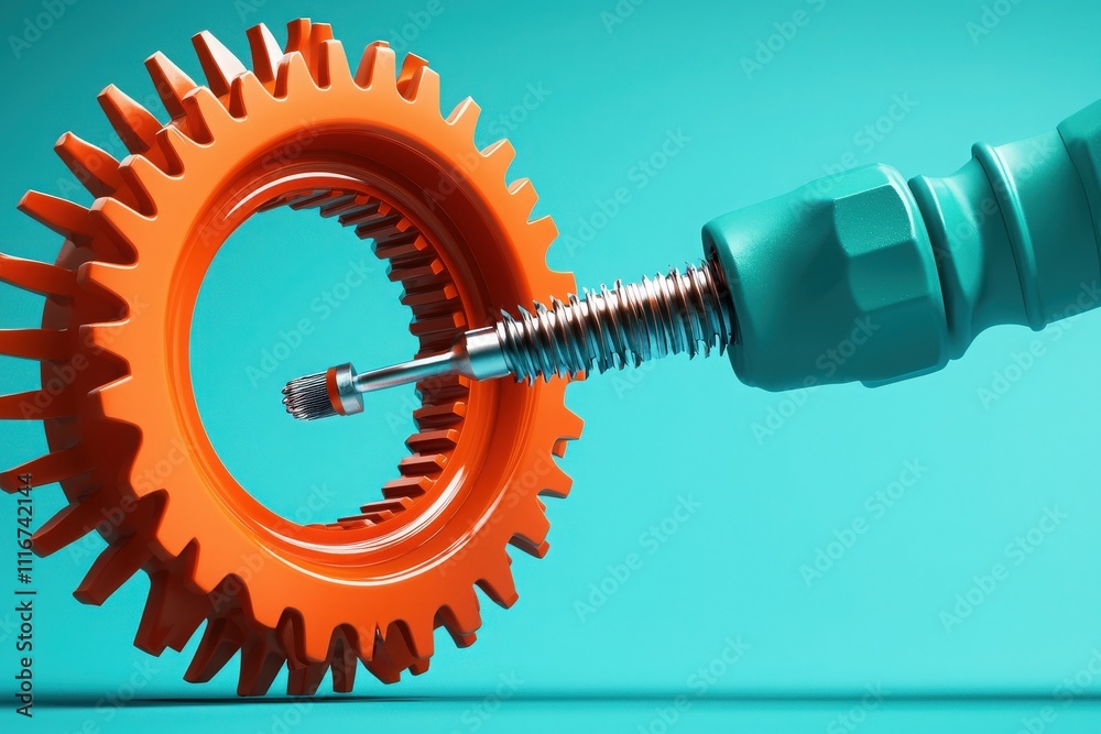 An orange gear is being manipulated by a teal tool, showcasing an intriguing interaction of colors and shapes. The background is a bright teal, emphasizing the mechanical focus.