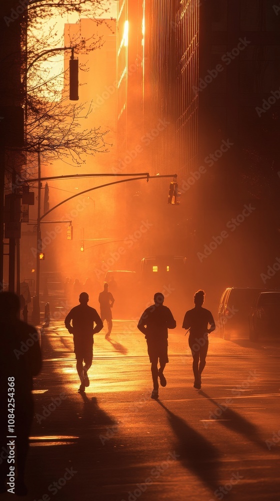As dawn breaks, a group of marathon runners speed down a city street, surrounded by golden light and mist. The early morning atmosphere creates a stunning backdrop for their run.