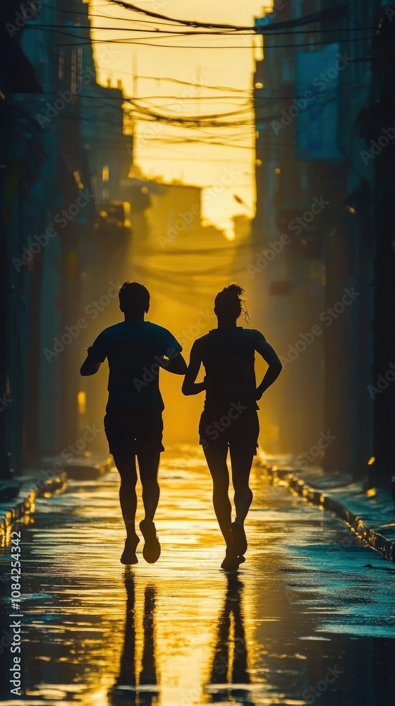 At dawn, two marathon runners jog side by side on a city street, surrounded by mist and illuminated by the warm golden light of the rising sun. The wet pavement reflects their figures.
