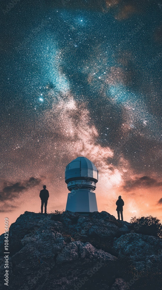 Atop a rugged mountaintop, a massive telescope stands under an expansive night sky. Two figures gaze upward, captivated by the brilliance of countless stars and the Milky Ways glow.